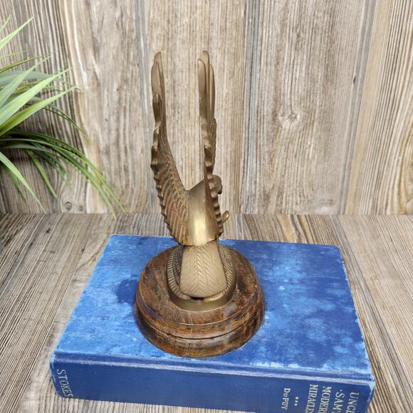 Vintage Brass Eagle Paperweight, Wood Base Figurine - Picture 7 of 8